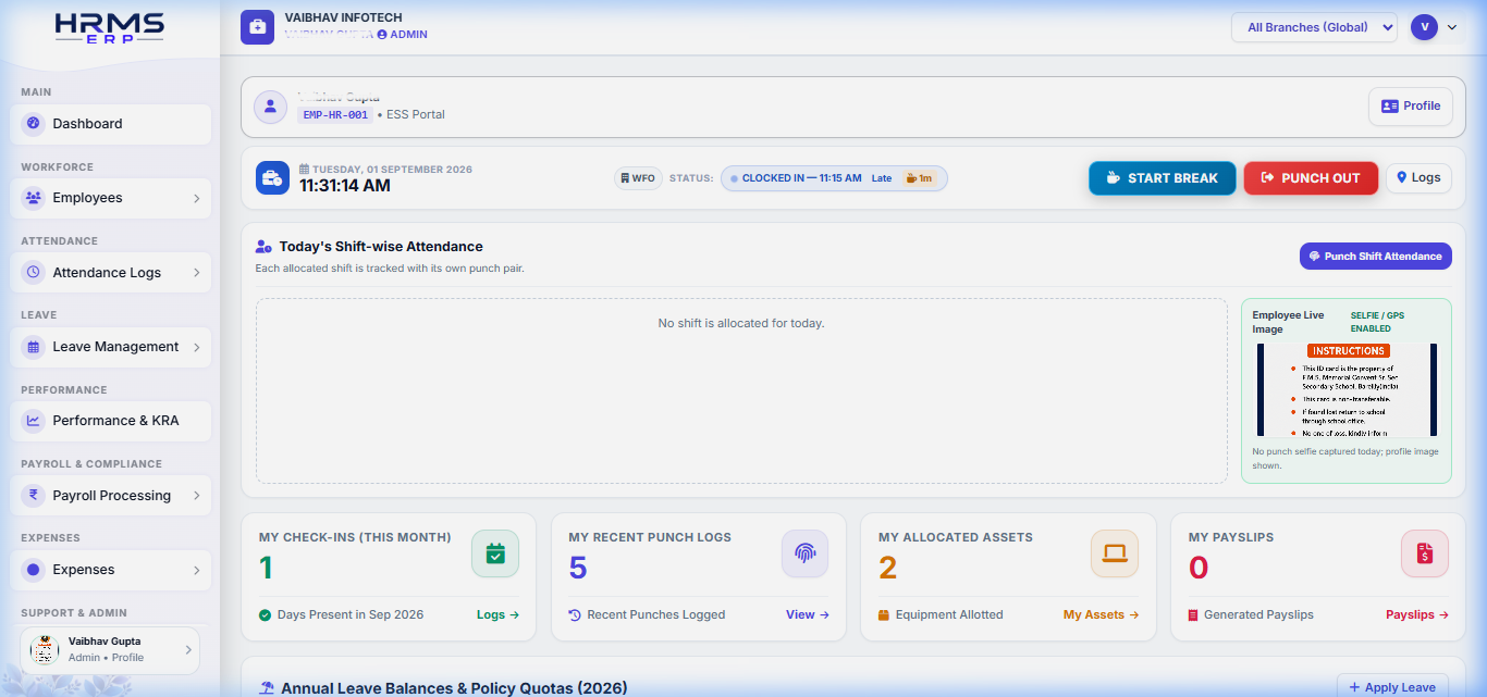 HRMS ERP Live Dashboard Screenshot